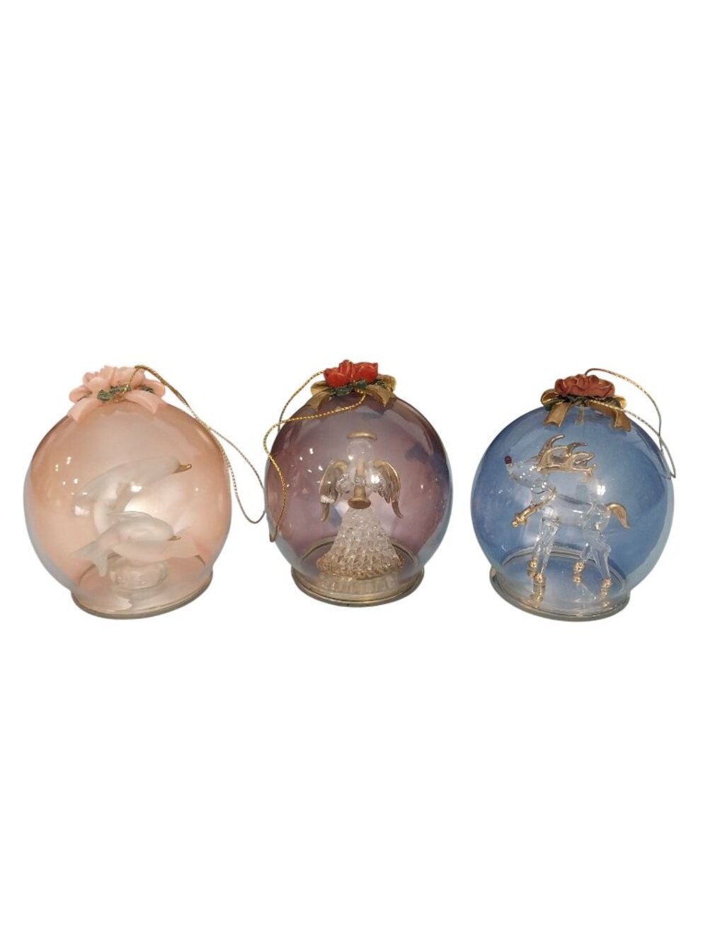 Vintage Christmas Glass Globe Ornament Angel Reindeer Dolphin Set of 3